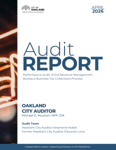 The cover of an audit report from the Office of the City Auditor for the City of Oakland, dated April 2026. The page features a vertical, close-up artistic photograph of a glowing orange neon sign. The text identifies the document as a 'Performance Audit of the Revenue Management Bureau's Business Tax Collections Process'. It lists Michael C. Houston, MPP, CIA as the City Auditor and names the audit team, including Assistant City Auditor Stephanie Noble and Former Assistant City Auditor Eduardo Luna. At the bottom, a tagline reads, 'Independent Auditor. Reporting Directly to the Residents