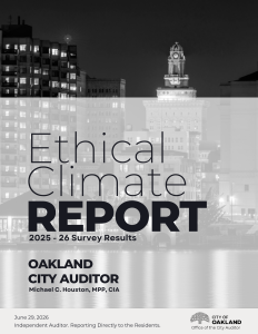 Cover page of the Oakland City Auditor's Ethical Climate Report (2025-26 Survey Results), dated June 29, 2026, featuring a black-and-white Oakland skyline at night.